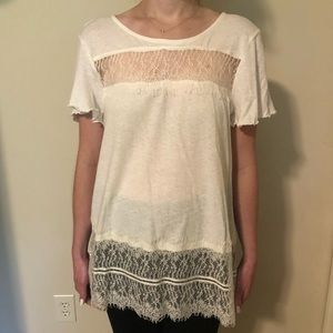 Anthropologie Deletta white linen and lace short sleeve top